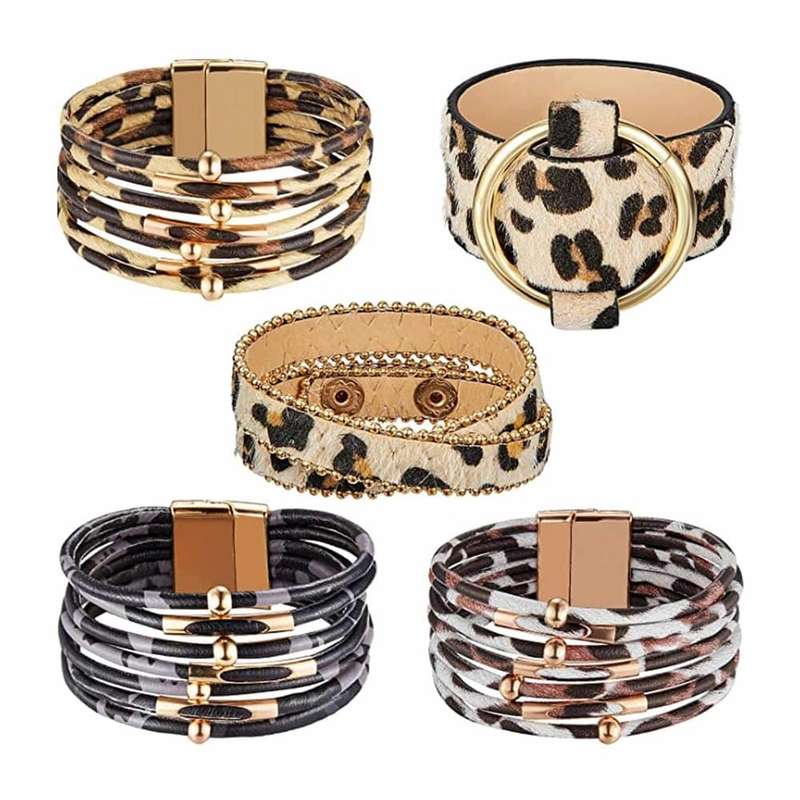 Killer Deals Brass Tube Multi PU Leather Cuff Bracelet- Leopard (x5)