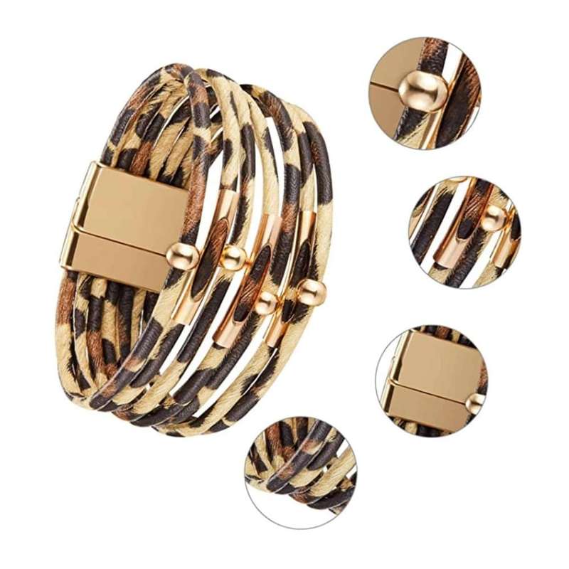 Killer Deals Brass Tube Multi PU Leather Cuff Bracelet- Leopard (x5)