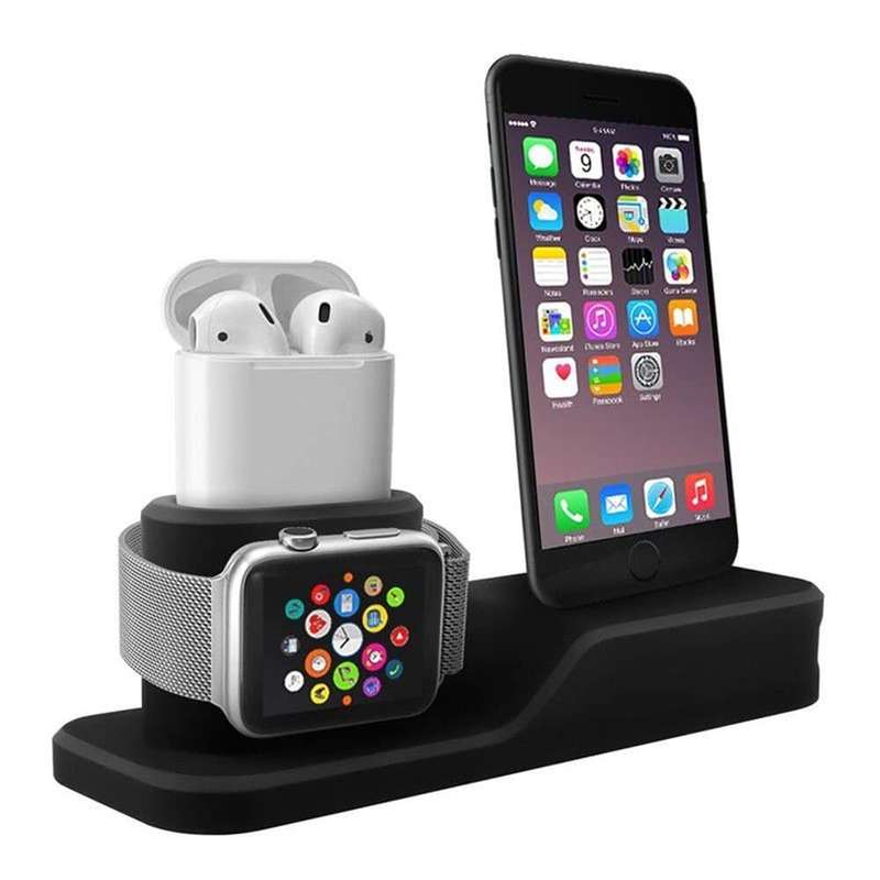 3-in-1 Silicone Docking Stand for Apple iPhone, iWatch & AirPods - Black