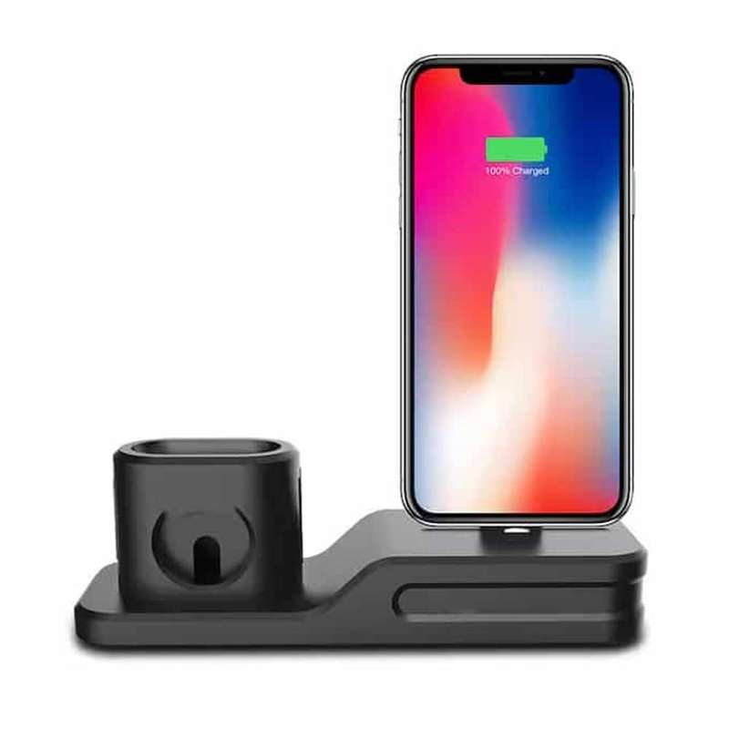 3-in-1 Silicone Docking Stand for Apple iPhone, iWatch & AirPods - Black