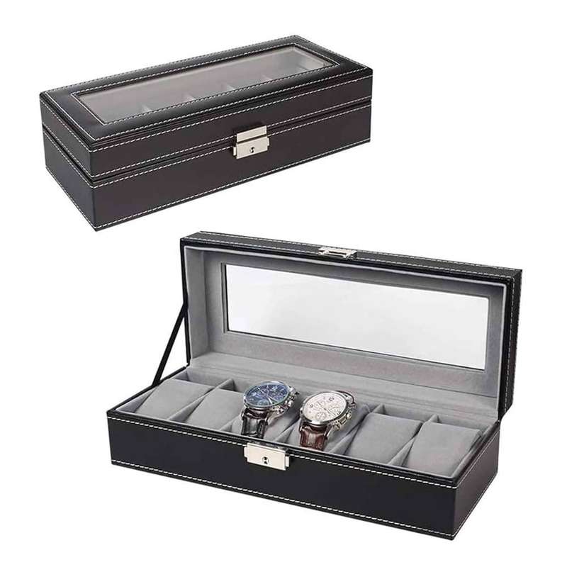PU Leather 6 Slot Luxury Watch Organizer Display Case Box