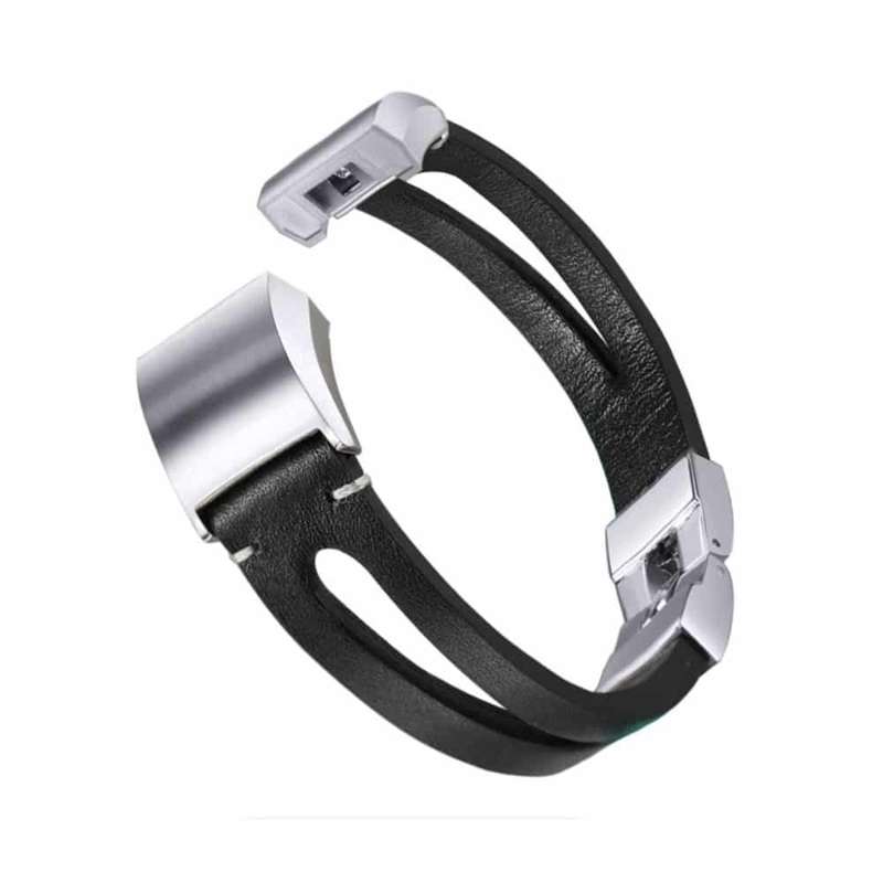 Leather Strap with Metal Clasp for Fitbit Charge 2- Black