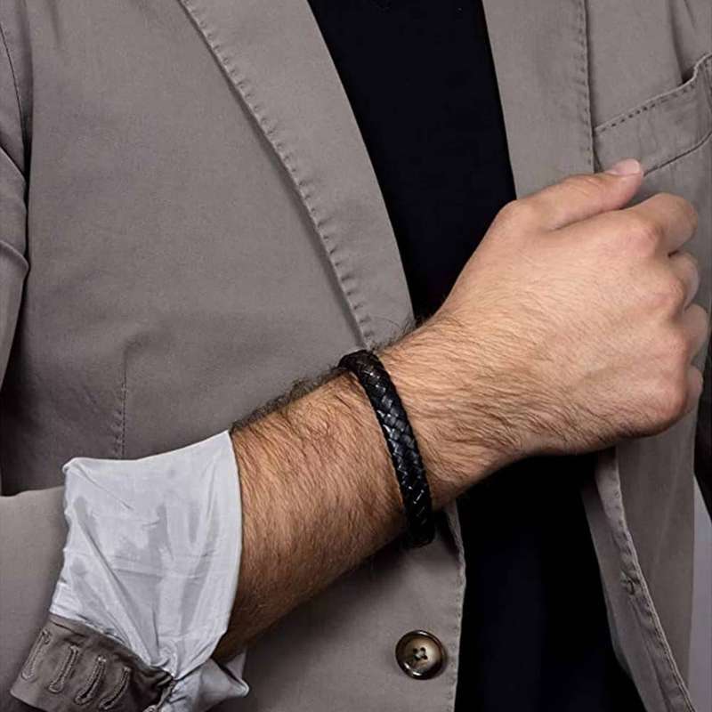 Killer Deals Braided Black Vegan PU Leather & Stainless Steel Bracelet- M/L