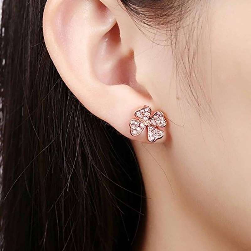 Rose Gold-Plated Pave Set Austrian Crystal Clover Earrings