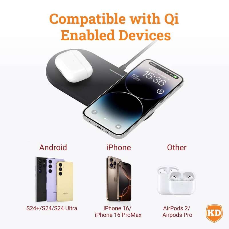 15W 2-in-1 Phone Watch Fast Charging Dock Qi Wireless Charger