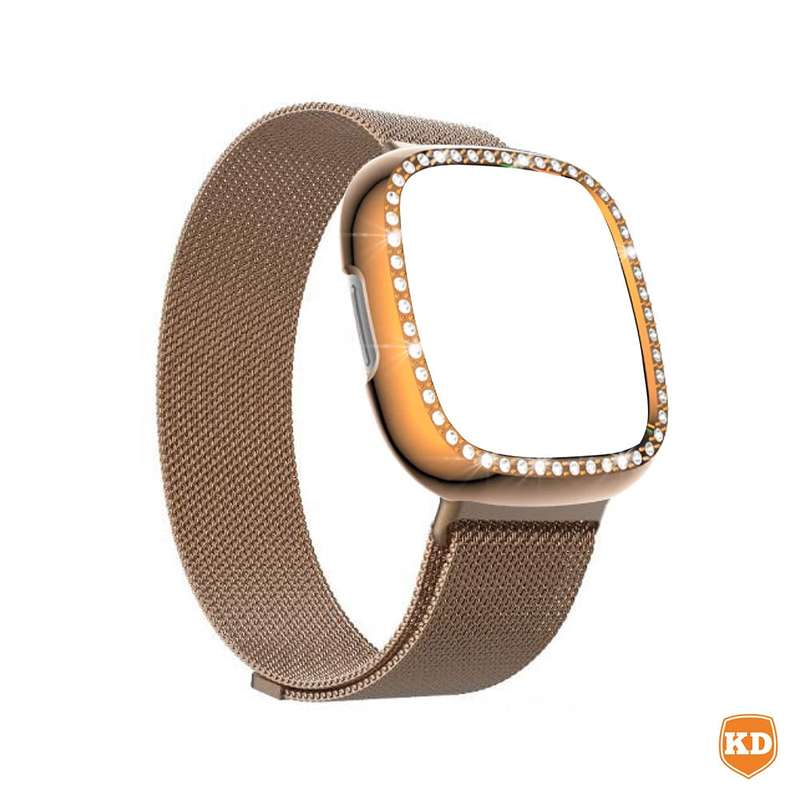Killer Deals Milanese strap and PC case with diamond for Fitbit Versa 3 ,Sense - Rose Gold Combo