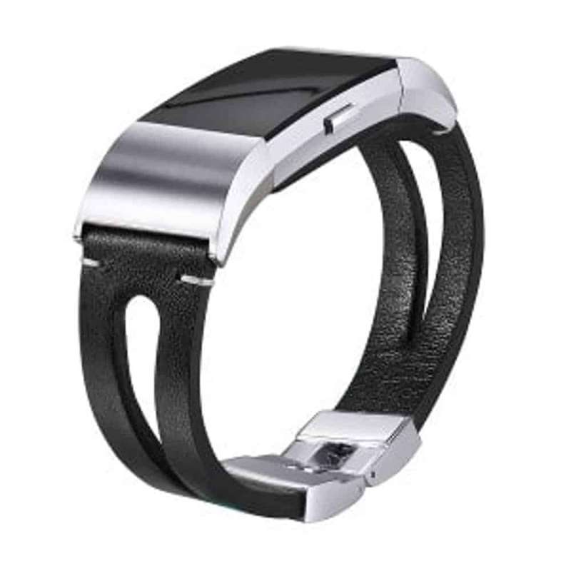 Leather Strap with Metal Clasp for Fitbit Charge 2- Black