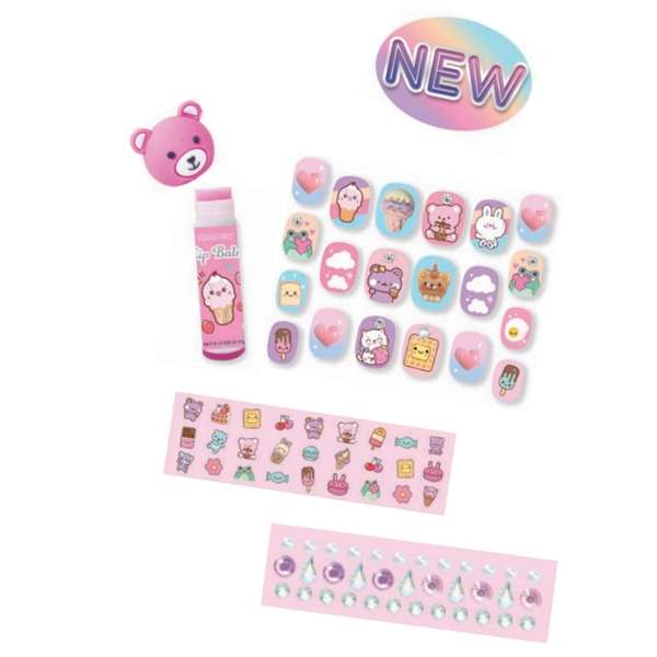Hotfocus Kawaii Wonderland Beauty Set - Press-On Nails, Lip Balm & Gems