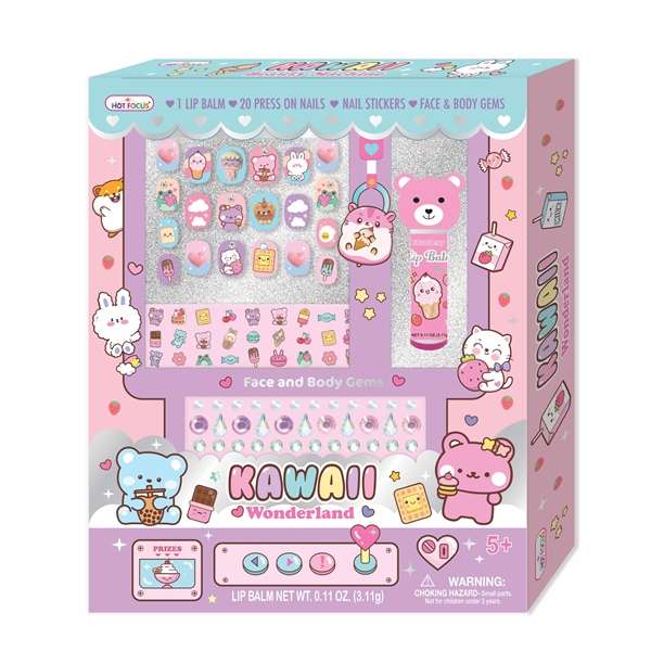 Hotfocus Kawaii Wonderland Beauty Set - Press-On Nails, Lip Balm & Gems