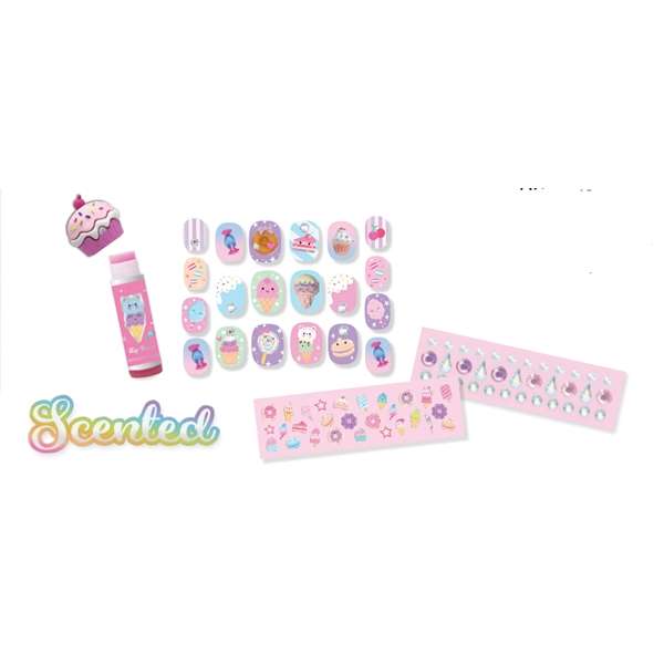 Hot Focus Sweet Beauty Wonderland Set Scented Press-On Nails, Lip Balm & Gems
