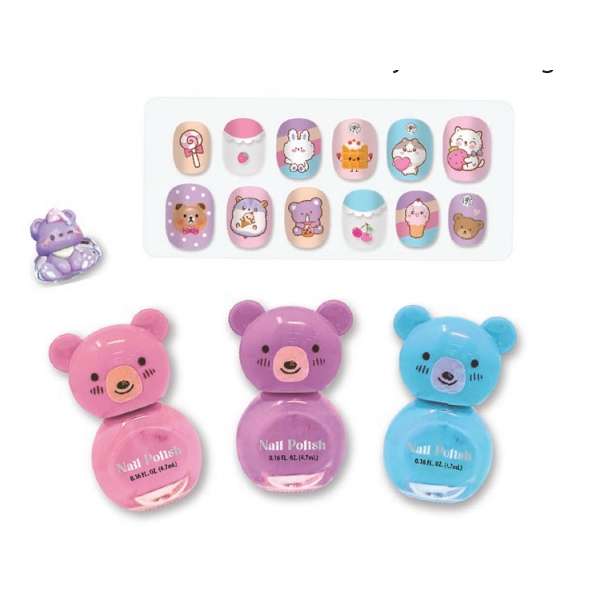Hot Focus Critter Nail Fun Set - Bear-Themed Press-On Nails, Ring & Scented Nail Polishes