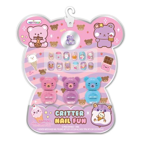Hot Focus Critter Nail Fun Set - Bear-Themed Press-On Nails, Ring & Scented Nail Polishes