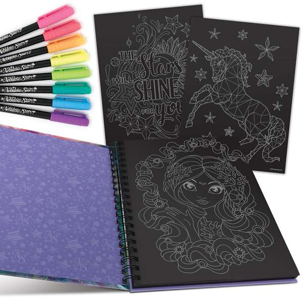 Nebulous Stars Black Pages Colouring Book Coralia & Neon Gel Pens