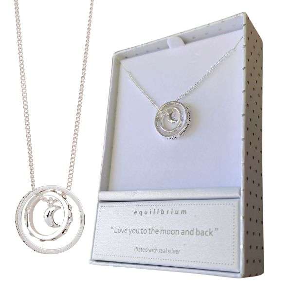 Equilibrium Silver Plated Double Ring Necklace Love You to the Moon and back.