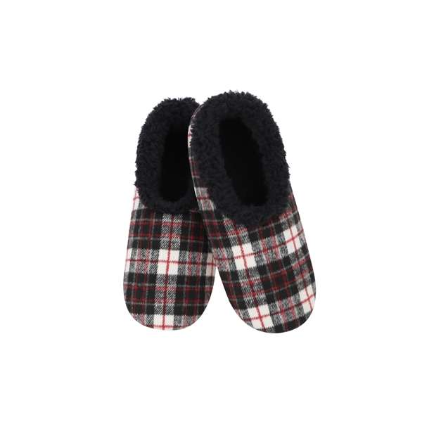 snoozies Mens Fleece Slippers Flannel Plaids Black Red