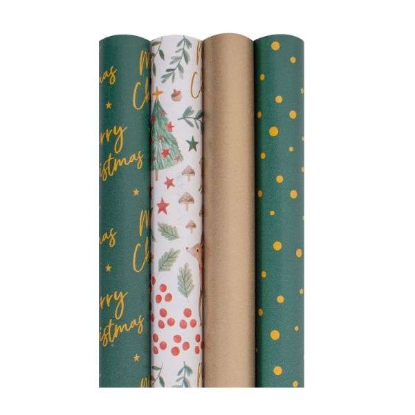 Christmas Gift Wrap Pack Bold - 4 x 2m Rolls, Raffia & Gift Tags