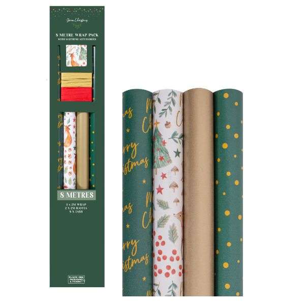 Christmas Gift Wrap Pack Bold - 4 x 2m Rolls, Raffia & Gift Tags