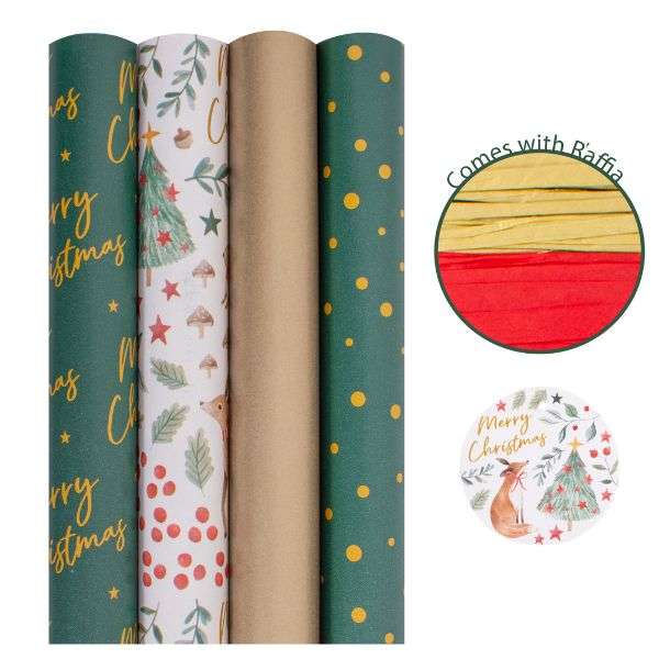 Christmas Gift Wrap Pack Bold - 4 x 2m Rolls, Raffia & Gift Tags