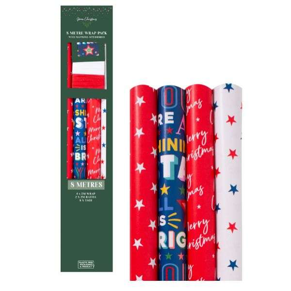 Christmas Gift Wrap Pack Bold - 4 x 2m Rolls, Raffia & Gift Tags