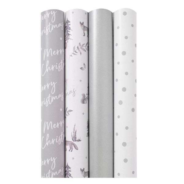 Christmas Gift Wrap Pack Silver Deer - 4 x 2m Rolls, Raffia & Gift Tags
