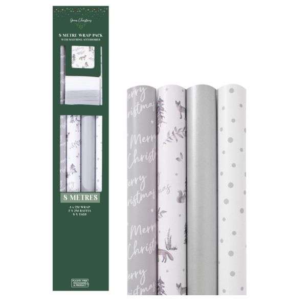 Christmas Gift Wrap Pack Silver Deer - 4 x 2m Rolls, Raffia & Gift Tags