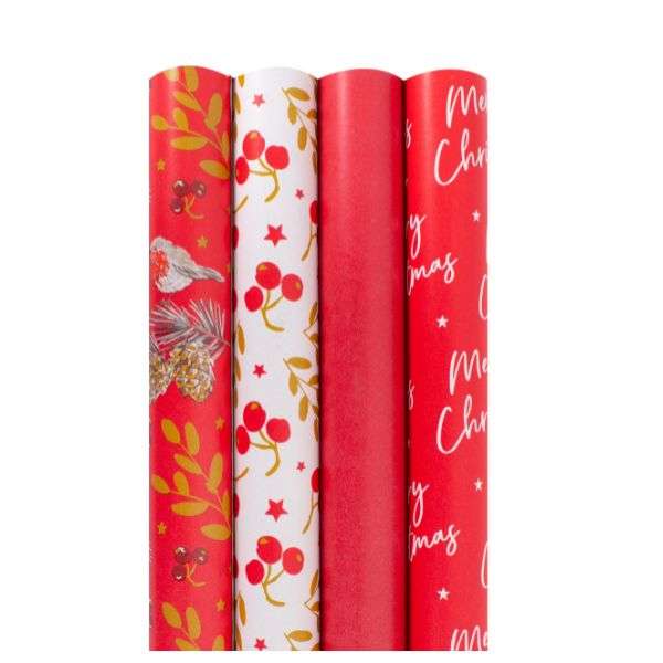 Christmas Gift Wrap Pack Redberry - 4 x 2m Rolls, Raffia & Gift Tags