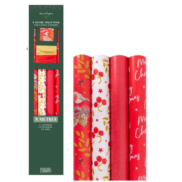 Christmas Gift Wrap Pack Redberry - 4 x 2m Rolls, Raffia & Gift Tags