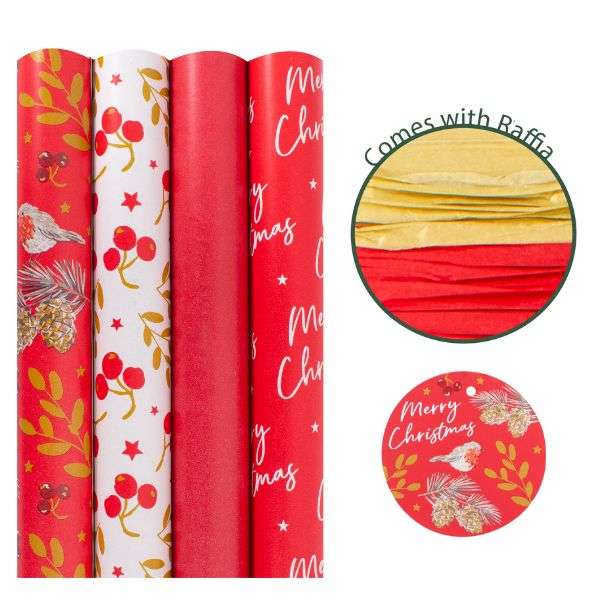 Christmas Gift Wrap Pack Redberry - 4 x 2m Rolls, Raffia & Gift Tags