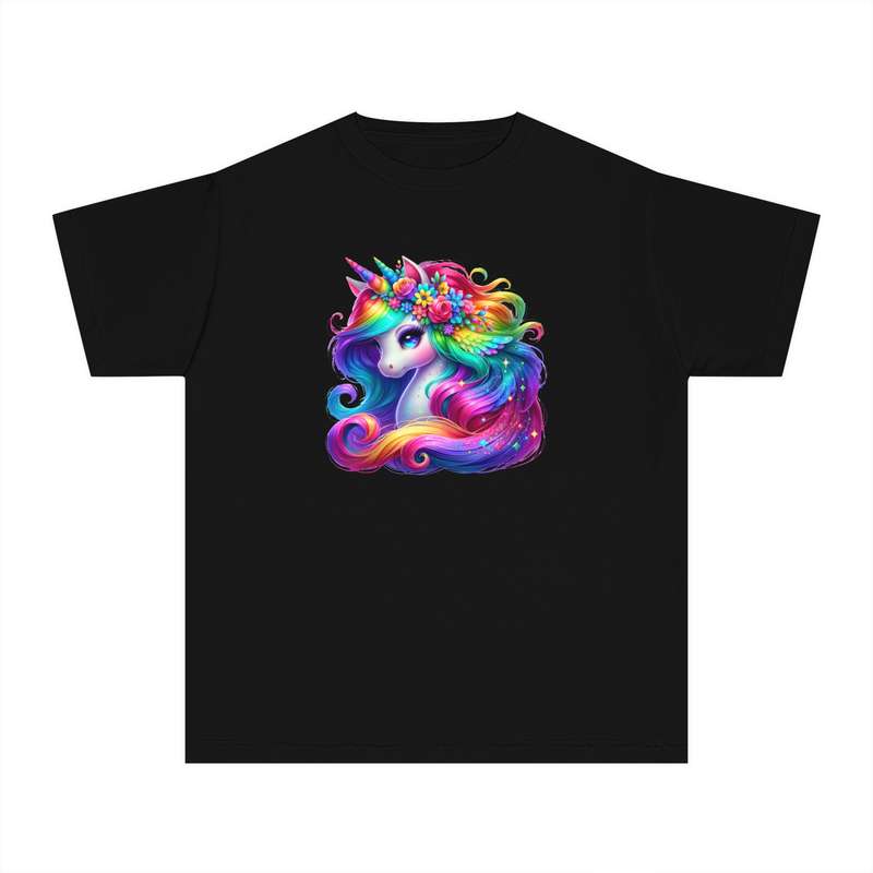 Kids Unicorn Bicorn with Rainbow Mane & Floral Crown Tee  Available in Pink and Black