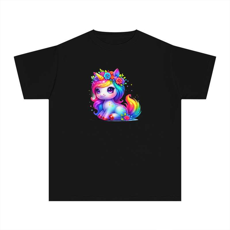 Kids Sitting Unicorn with Colourful Mane and Hooves Tee  Available in Pink and Black