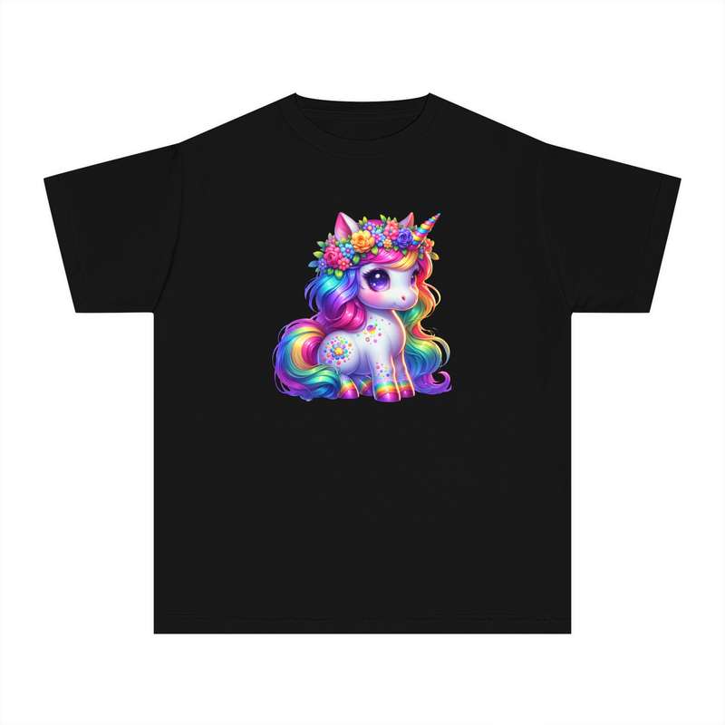 Kids Sitting Unicorn with Rainbow Mane and Flower Body Tee  Available in Pink and Black