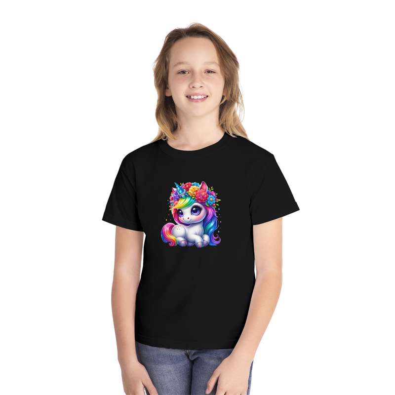 Kids Rainbow Unicorn with Flower Crown Tee   Available in Pink and Black