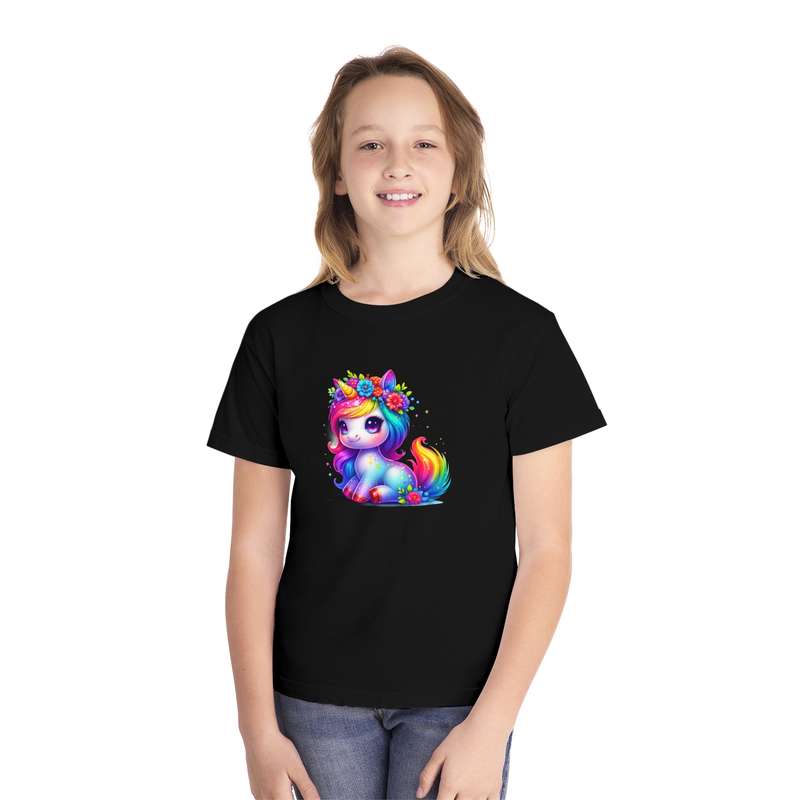 Kids Sitting Unicorn with Colourful Mane and Hooves Tee  Available in Pink and Black