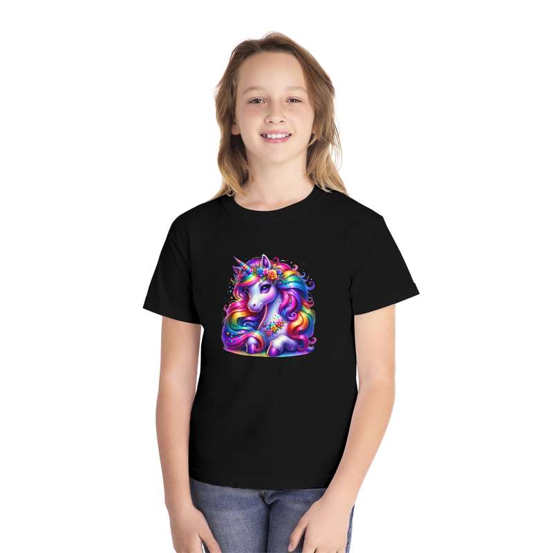 Kids Unicorn Rainbow Mane Tee with Flower details  Available in Pink and Black