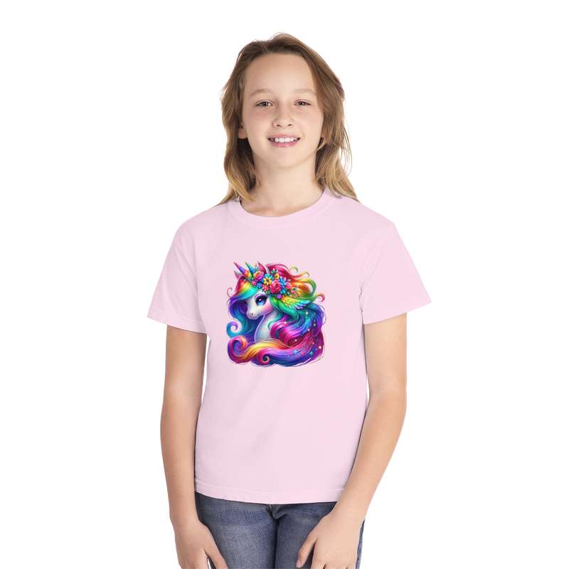 Kids Unicorn Bicorn with Rainbow Mane & Floral Crown Tee  Available in Pink and Black