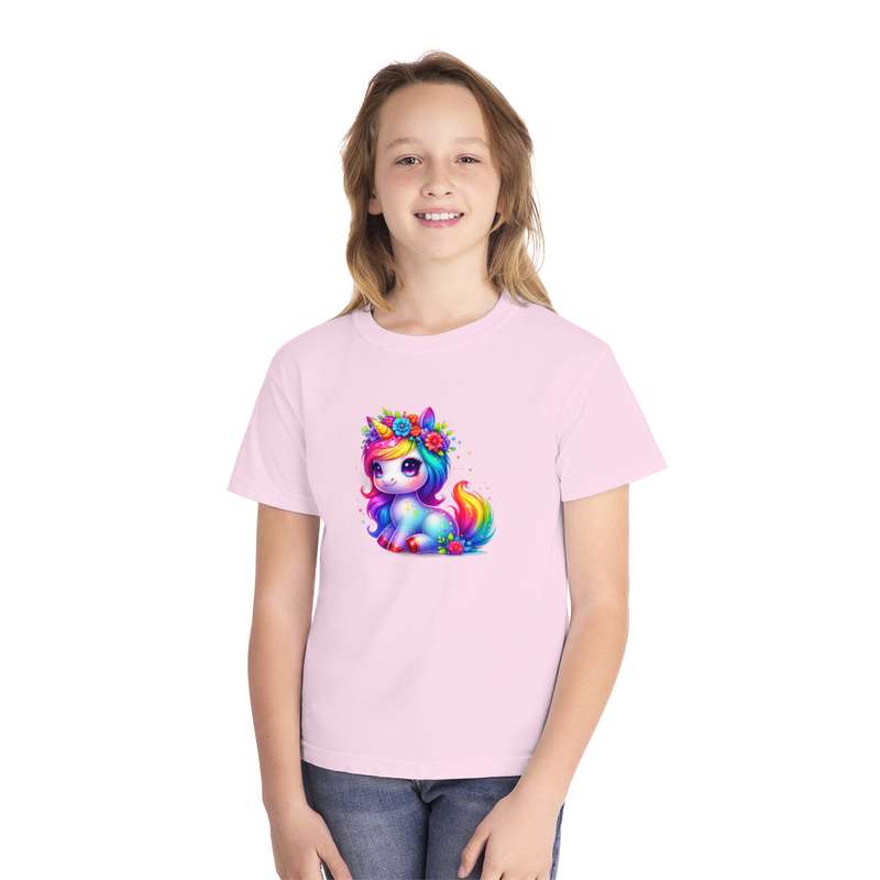 Kids Sitting Unicorn with Colourful Mane and Hooves Tee  Available in Pink and Black