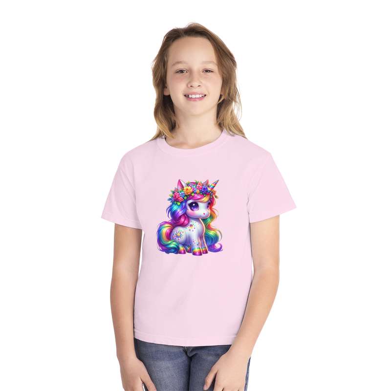 Kids Sitting Unicorn with Rainbow Mane and Flower Body Tee  Available in Pink and Black