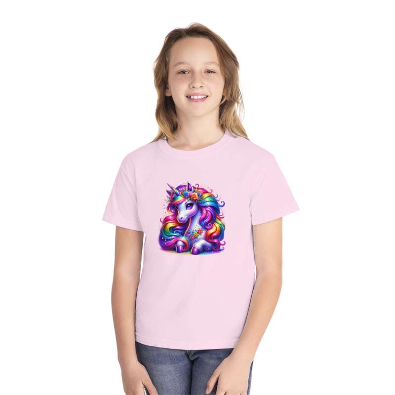 Kids Unicorn Rainbow Mane Tee with Flower details  Available in Pink and Black