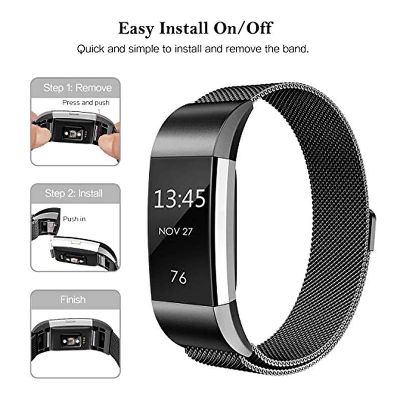 Stainless Steel Milanese Loop Strap for Fitbit Charge 2 S/M - Black