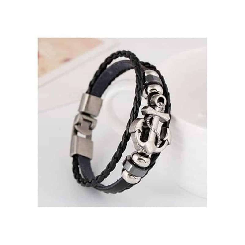 Killer Deals Unisex Stainless Steel Anchor Charm & Leather Bracelet- L/XL