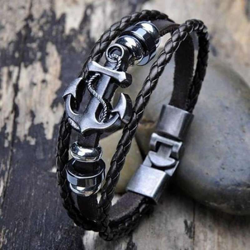 Killer Deals Unisex Stainless Steel Anchor Charm & Leather Bracelet- L/XL