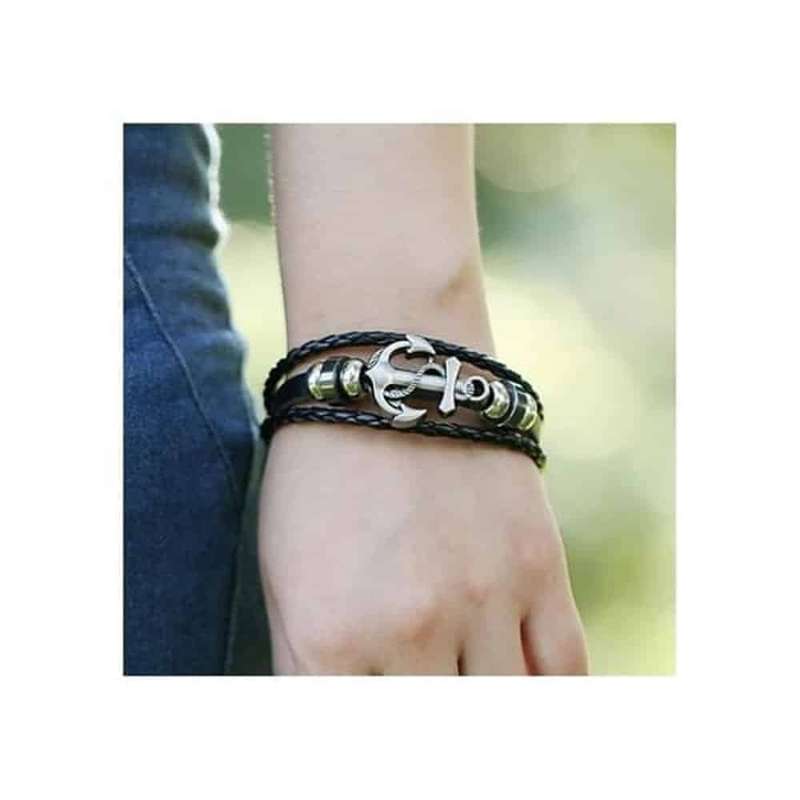Killer Deals Unisex Stainless Steel Anchor Charm & Leather Bracelet- L/XL