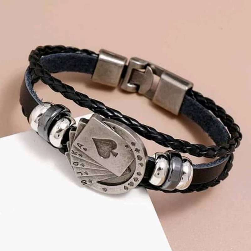 Killer Deals Unisex Braided Vegan Leather Playing Card Charm Bracelet- S/M