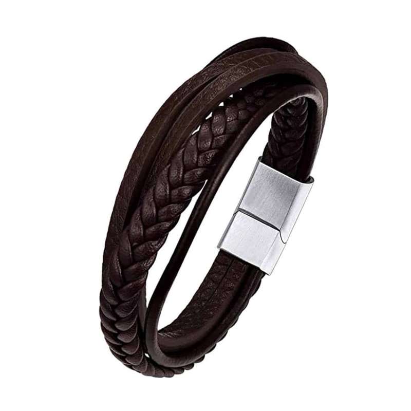 22cm handmade PU Vegan Leather bracelet - Brown (L/XL)