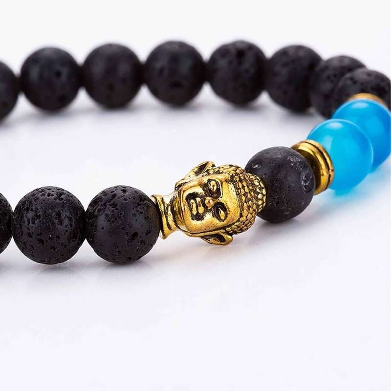 Aroma Oil Diffuser Lava Stone Blue Agate Buddha Bracelet - Black & Blue
