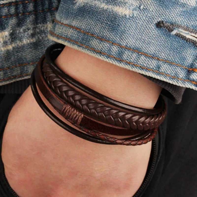 Multi-strand Black PU Vegan Leather Bracelet (M/L)Size:21.5cm