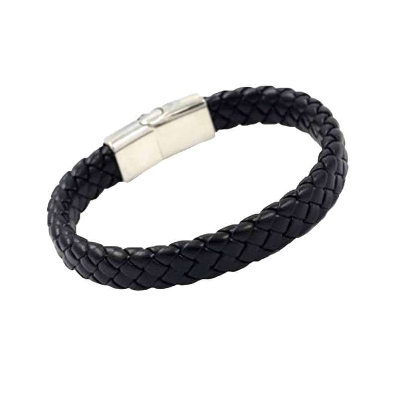 Killer Deals Braided Black Vegan PU Leather & Stainless Steel Bracelet- M/L