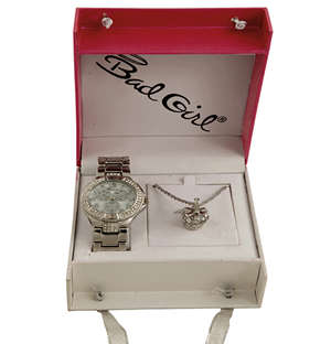 Bad Girl Royalty Watch and Necklace Set Silver