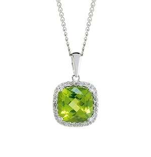 White Gold Cushion Cut Peridot Diamond Necklace