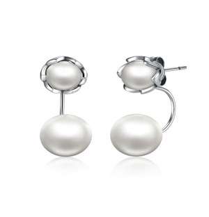 Silver Double Pearl Drop Stud Earrings